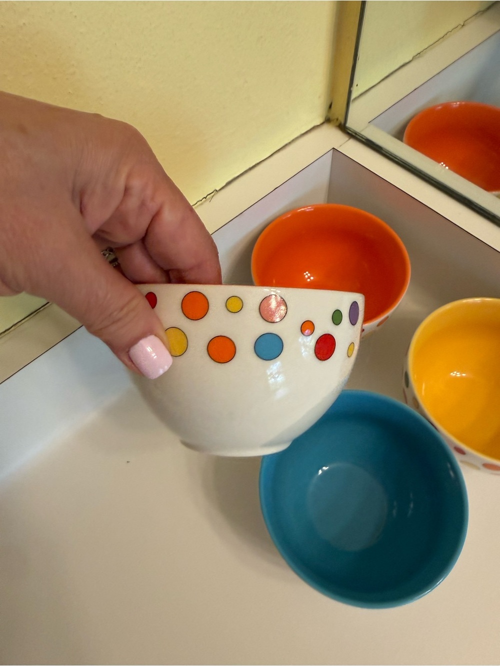 Rare & vintage Polka Dot Ceramic Bowls-4 (Red, Orange, Yellow, Blue) - Picture 2 of 5